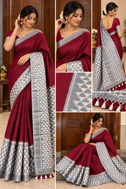 Maroon & Silver grey Ikkat Silk Saree