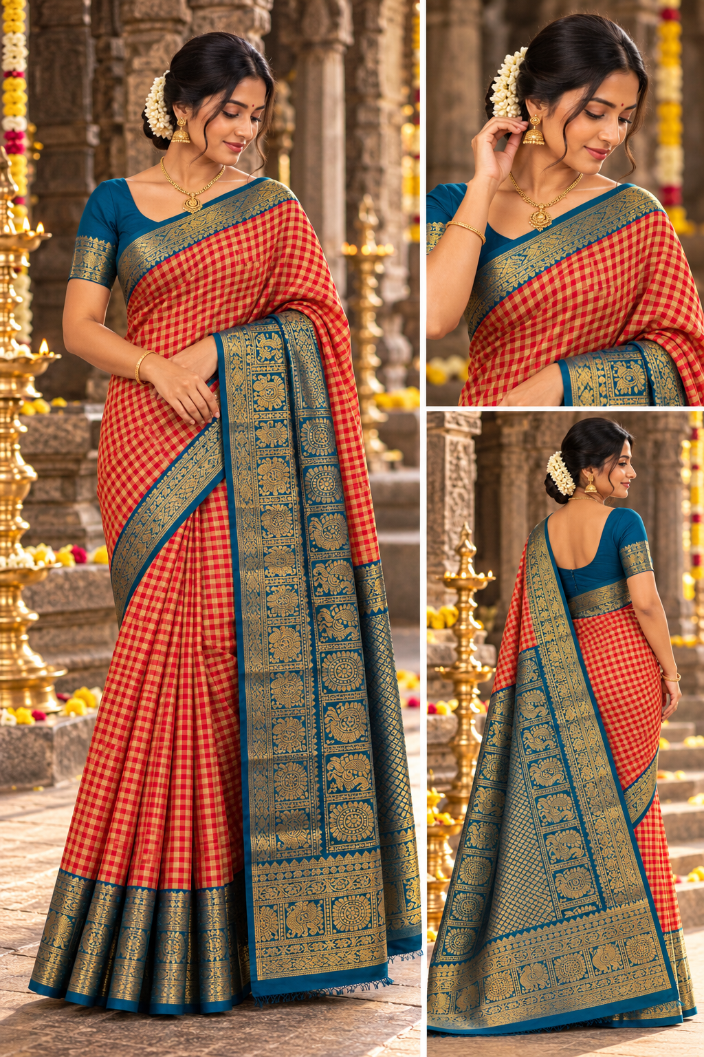 Red Checks Silk Saree with Peacock Blue Border