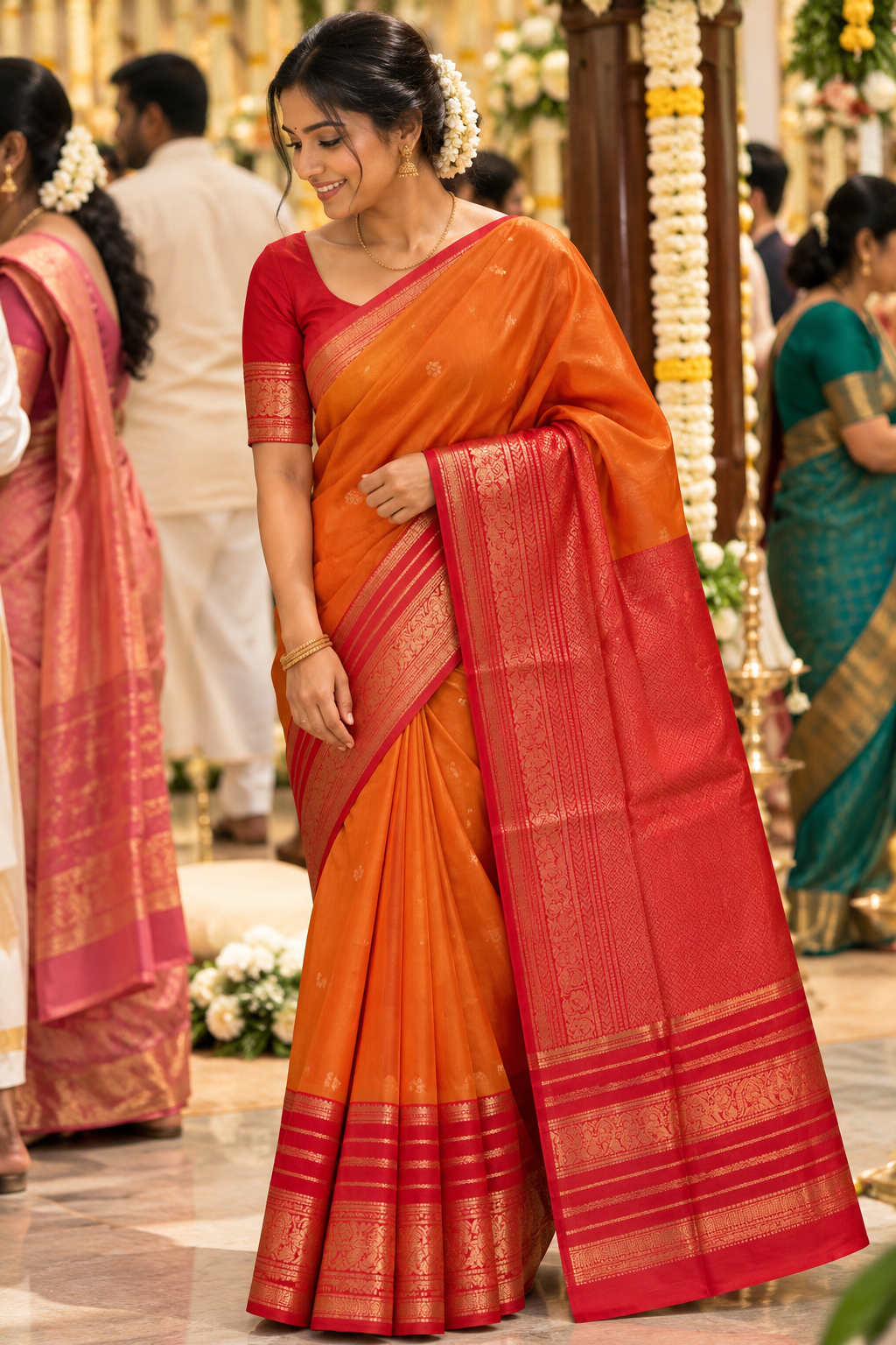 Traditional Orange & Red Zari Border Silk Saree